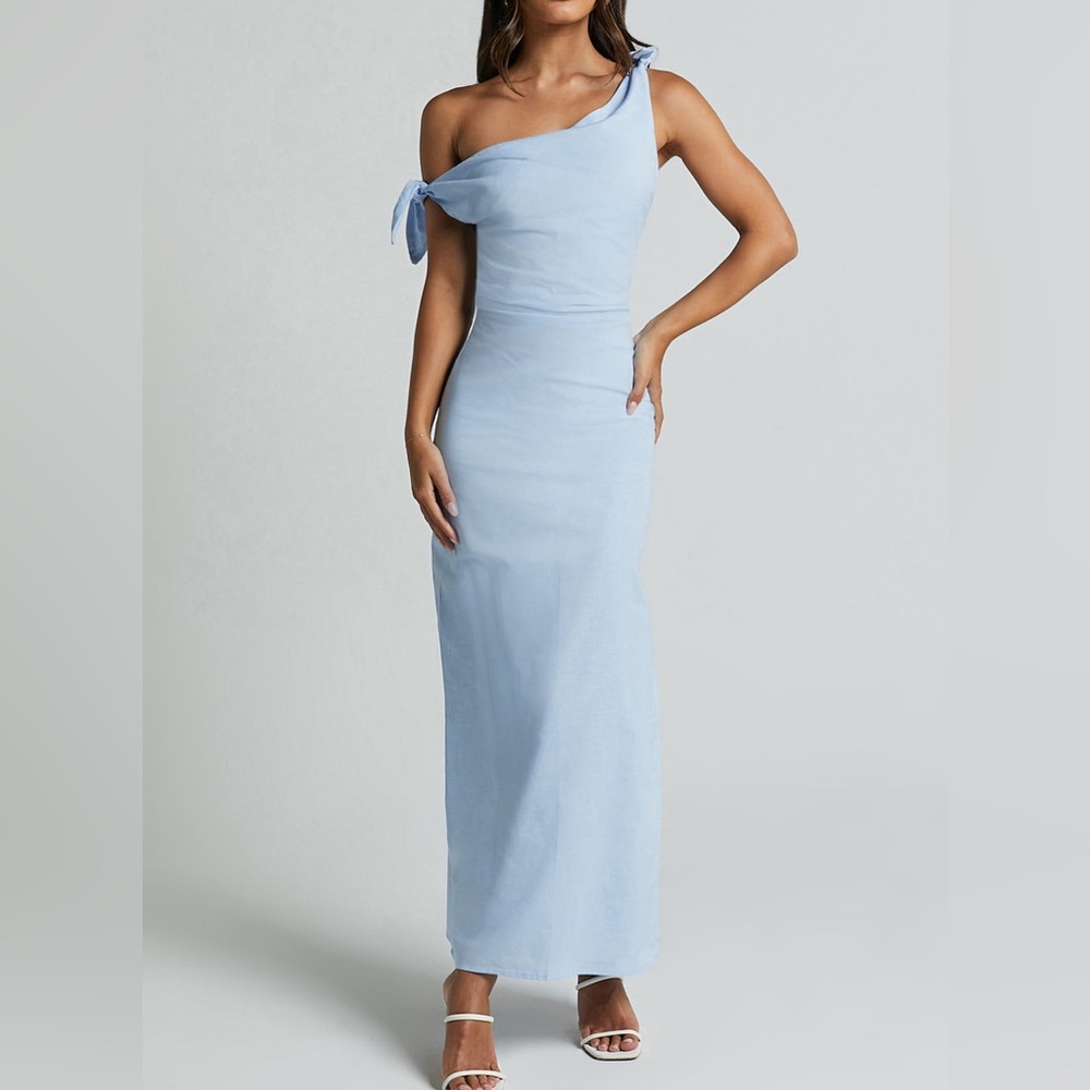 Showpo. CINCINNATI Off The Shoulder Side Split Linen MIDI DRESS Pale Blue NWT